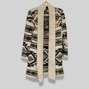 Pinklicious Open Front Sweater Knit Aztec Long Line Boho Hippie Multicolor W S